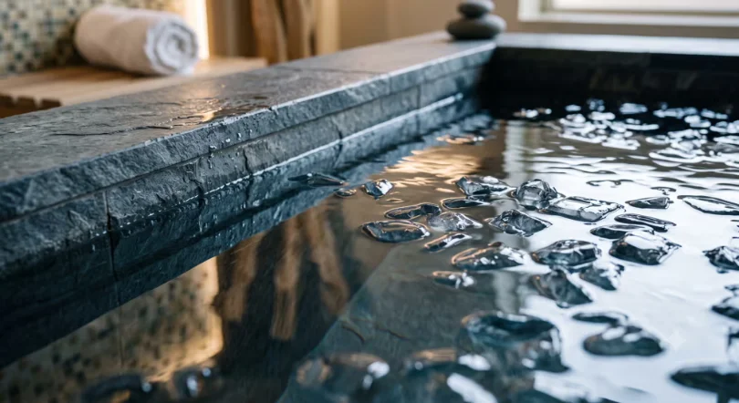 Still, ice-topped water in a dark stone cold plunge